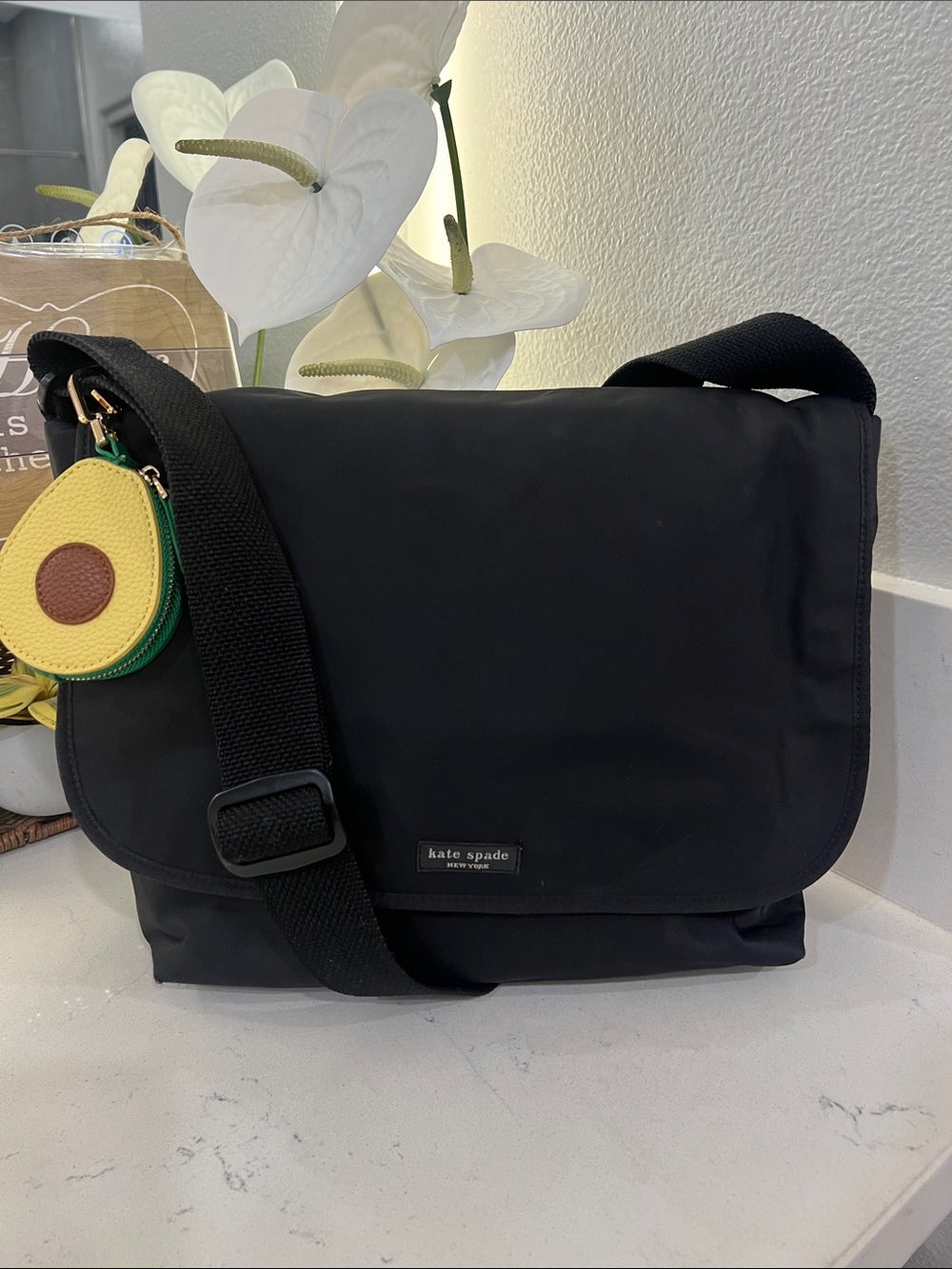 kate spade New York Black Nylon Messenger / laptop Bag. Comes with avocado pouch